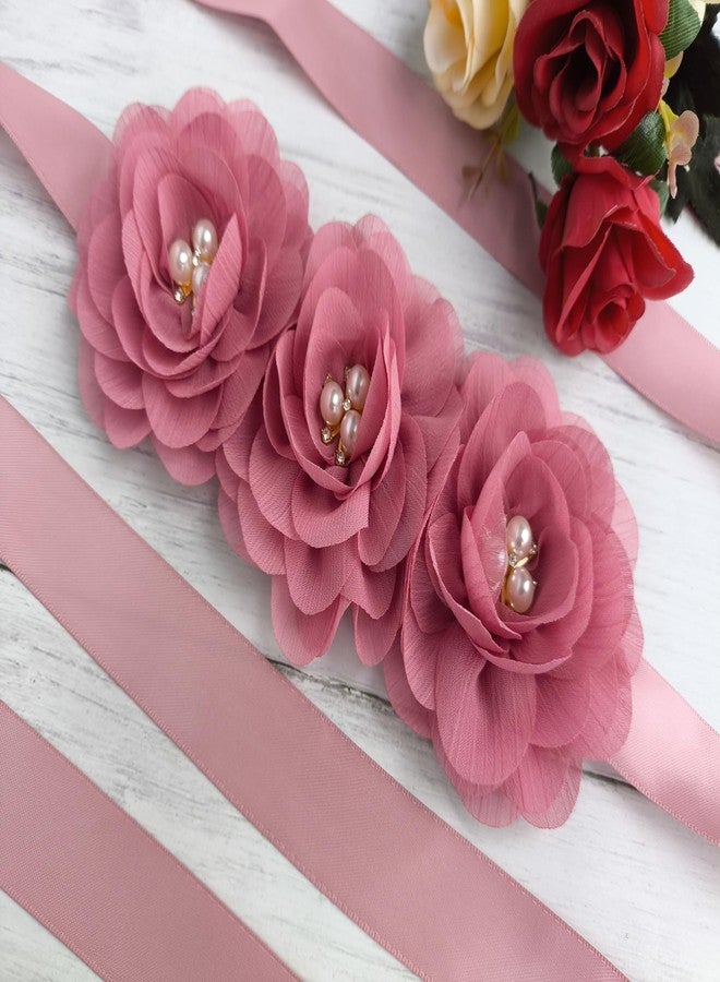 Oyabridal Dusty Pink Sash Belt for Girls,Flower Girl Sash Belt for Dresses,Chiffon Pearls Bridesmaid Dress Sash Belts - Image 3